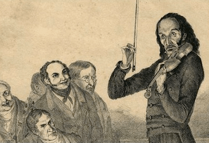 Niccolo Paganini plays the violin for an enraptured audience while also looking spooky